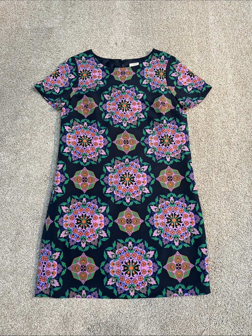 J. Crew Navy Shift Dress with Pink and Green Medallion Print